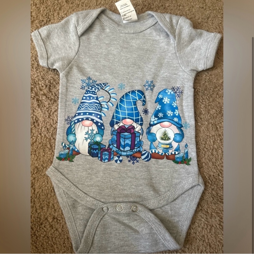 Gray Gnome Print Baby Onesie